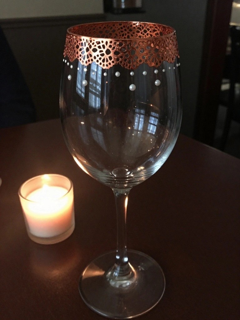 Clear wine glass with copper lace rim and pearls beside lit candle on table