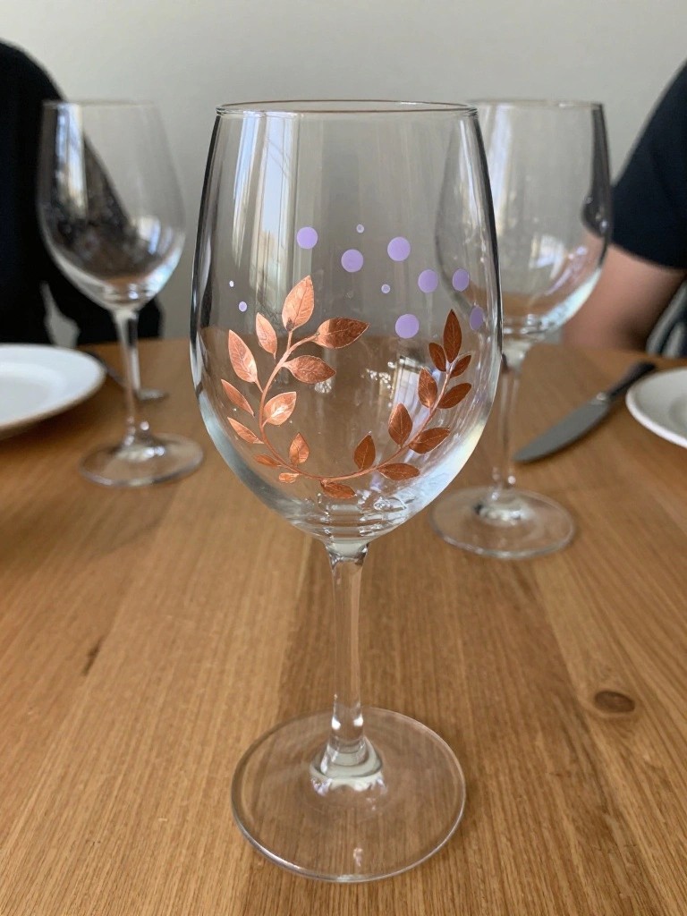 Three wine glasses on wooden table, foreground one with copper leaves and purple dots