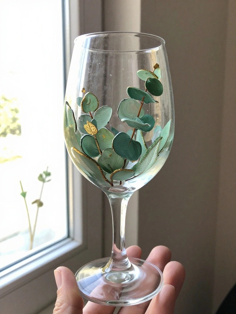 Hand holding clear wine glass with green eucalyptus leaves and gold accents.