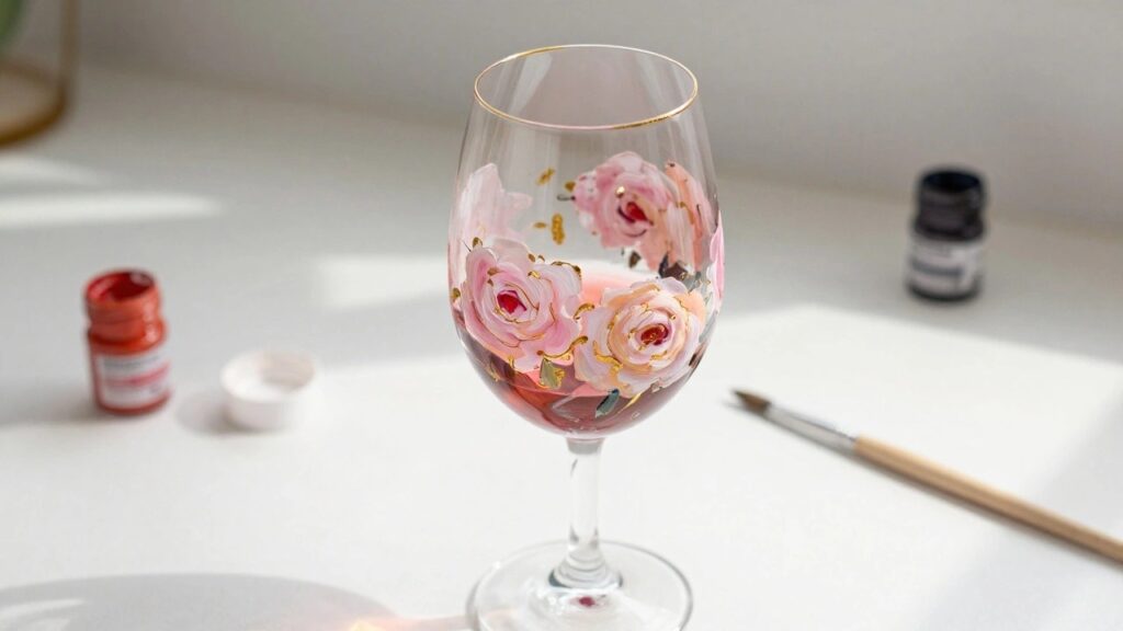 18 Polished Wine Glass Painting Ideas Using Metallic Paint Accents A clear wine glass painted with large pink peonies and gold lines sits on a white surface next to small paint pots and a brush.