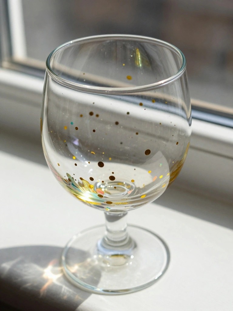 Clear glass goblet with gold and colorful speckles on sunny windowsill.