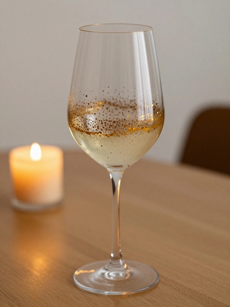 A clear wine glass with a band of gold dots painted around the bowl sits on a wooden table next to a lit candle.