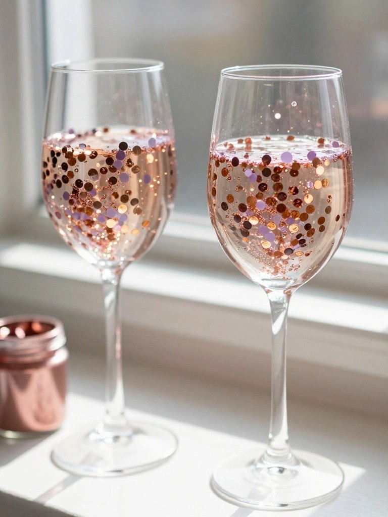 Two wine glasses with pink liquid and floating rose gold glitter on a windowsill.