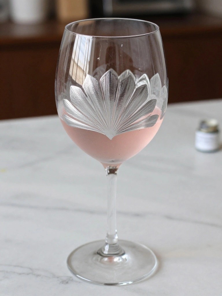 A clear wine glass with a silver metallic fan design on the bowl sits on a marble surface filled with pink liquid.