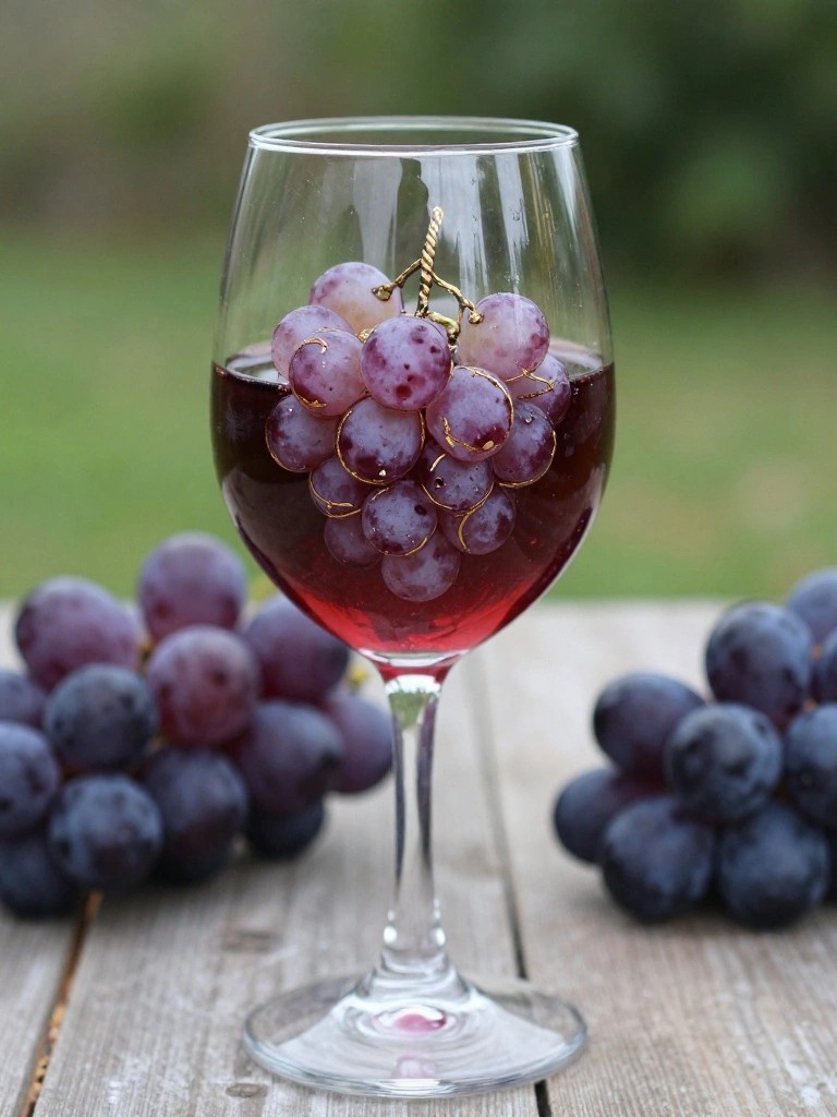 Wine glass of red wine holding purple grapes with gold wire on wooden table