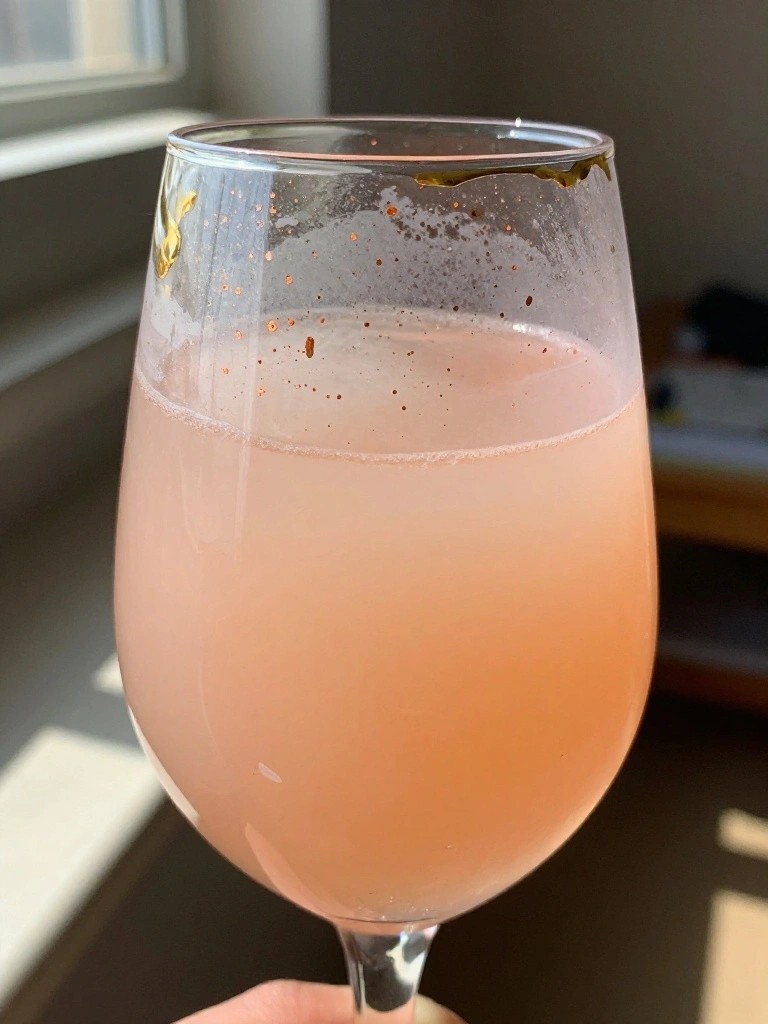 Hand holding stemmed glass of pink frothy drink with condensation and gold flecks.