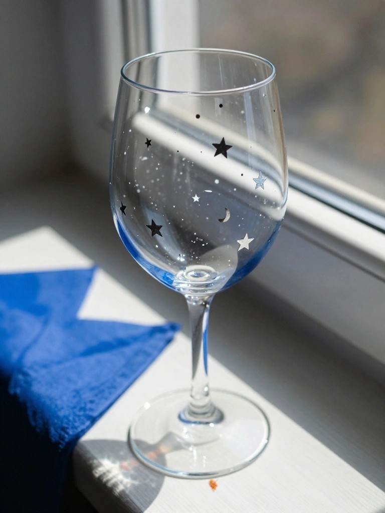Star and moon decorated wine glass on windowsill with blue cloth in sunlight