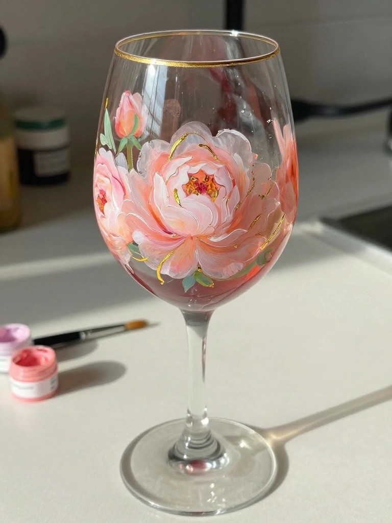 A clear wine glass painted with large pink peonies and gold lines sits on a white surface next to small paint pots and a brush.