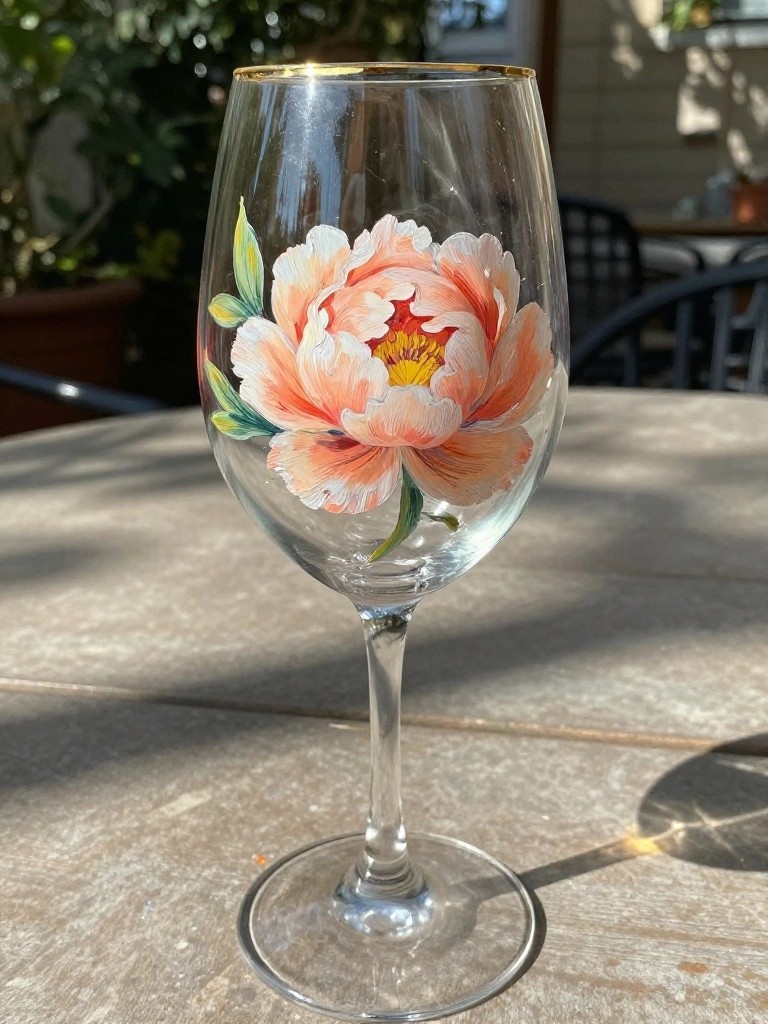 Wine glass with large painted peach peony flower, yellow center, and gold rim