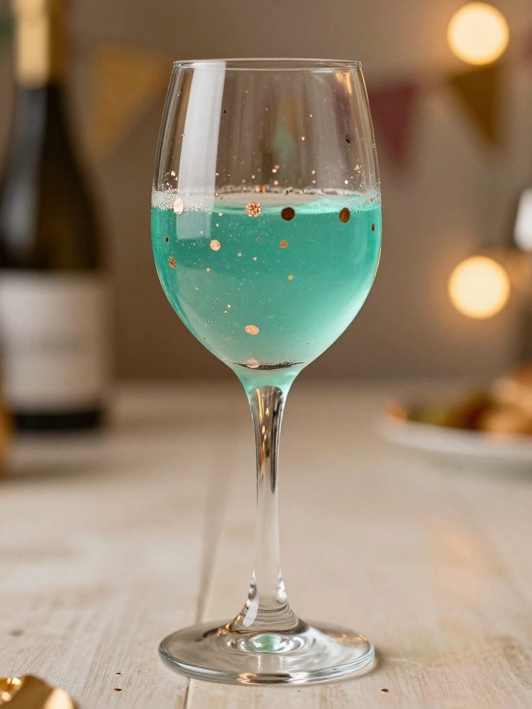 Stemmed wine glass filled with turquoise liquid and gold dots