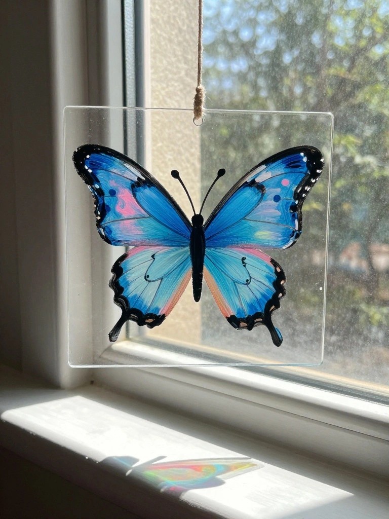 A square clear glass panel with a blue butterfly painting hangs from string in front of a window.