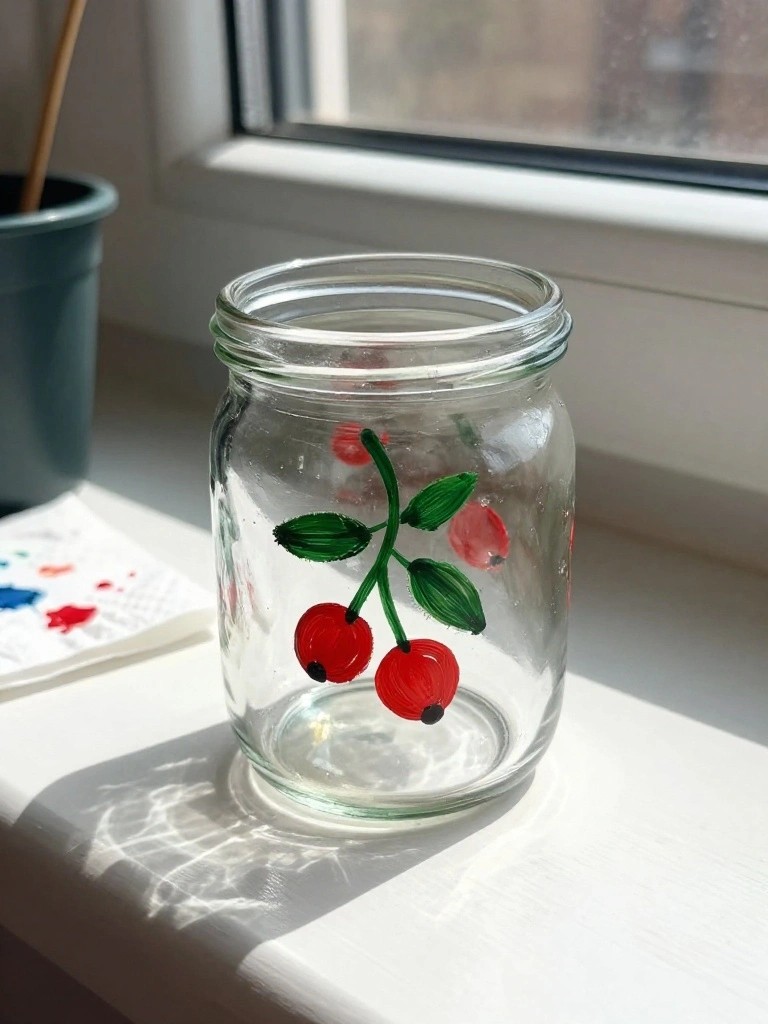 A clear glass jar with red cherries and green leaves painted on the side sits on a white windowsill.