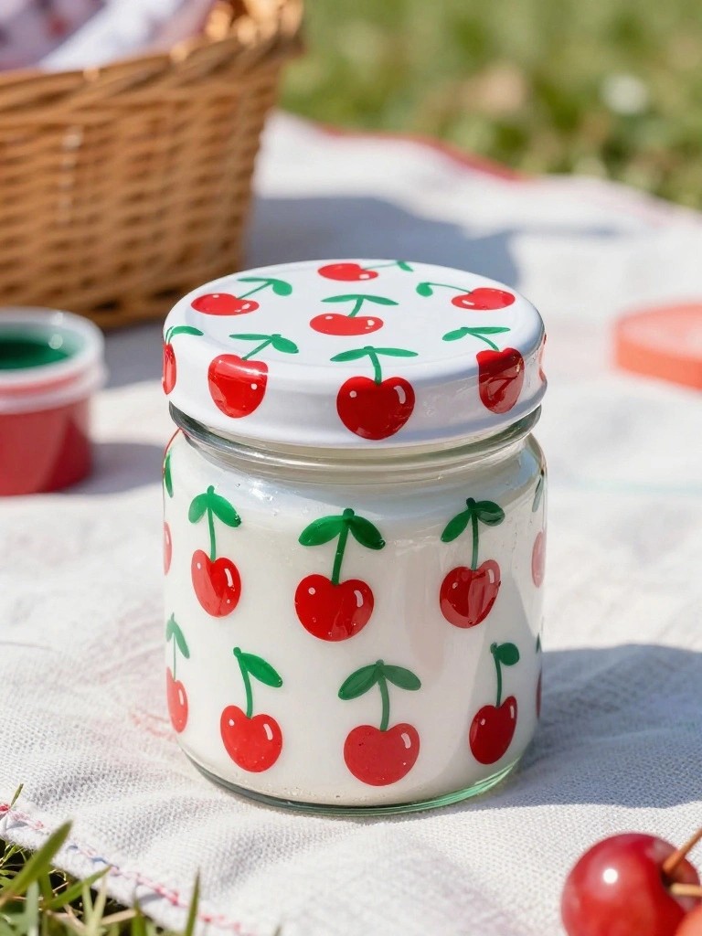 Cherry-patterned glass jar of white yogurt on picnic blanket outdoors.