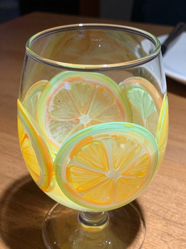 A clear stemmed glass painted with overlapping slices of lemons, limes, and oranges in yellow, orange, and green.