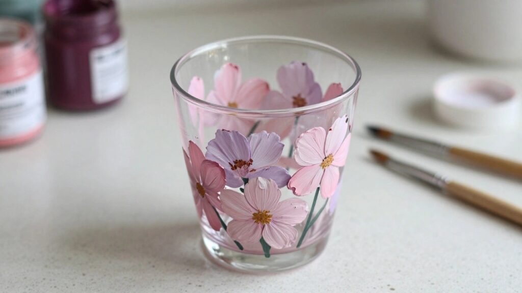 18 Simple Glass Cup Painting Ideas That Work on Small Tumblers Glass cup painted with pink and purple flowers beside open paint jar and brush