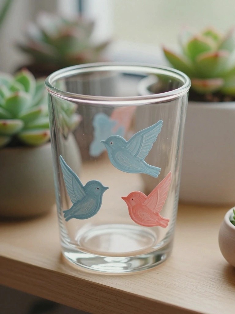 Clear glass with blue and pink bird decals on wooden table amid succulents