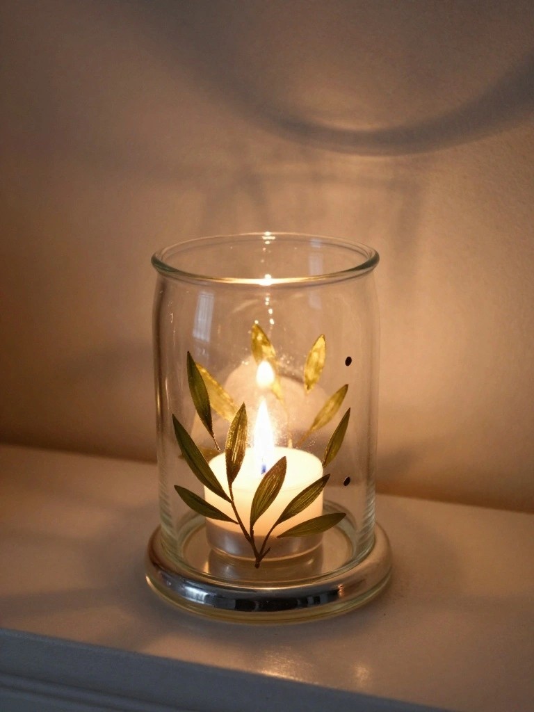 Lit candle glowing in glass holder with gold leaf design on white ledge
