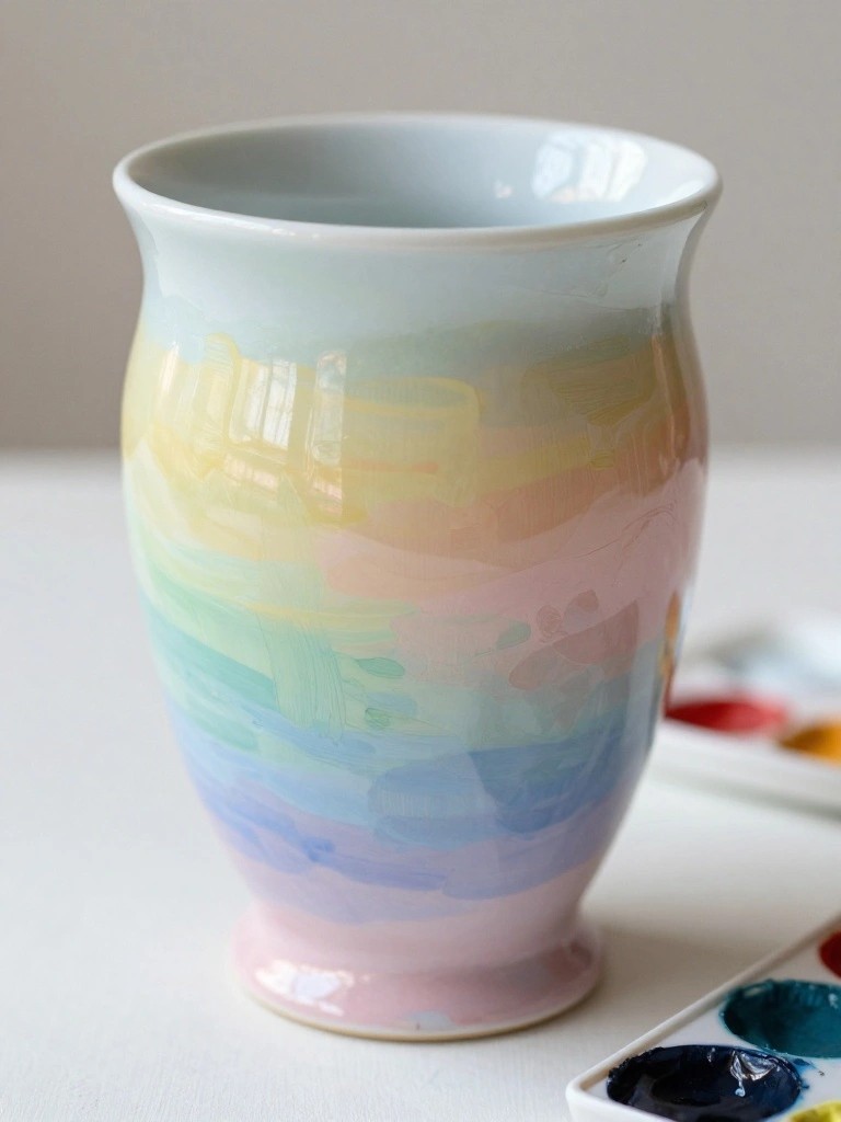 Pastel watercolor-painted ceramic vase beside open paint palette on white table