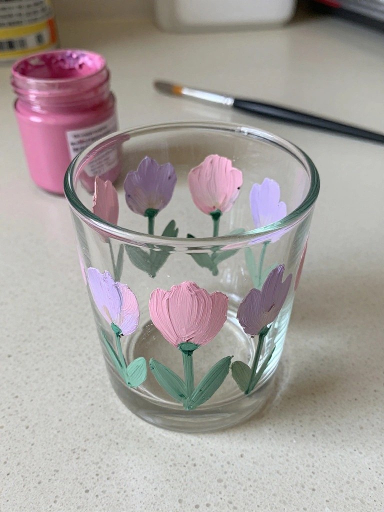 Glass cup painted with pink and purple flowers beside open paint jar and brush