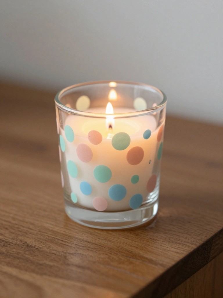 Lit candle in glass holder with pastel polka dots on wooden table.