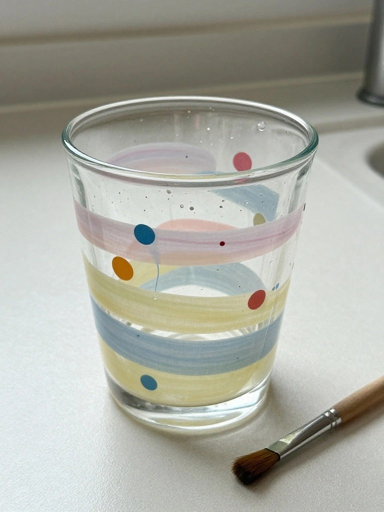 Clear glass cup with pastel stripes and dots beside small paintbrush on counter.