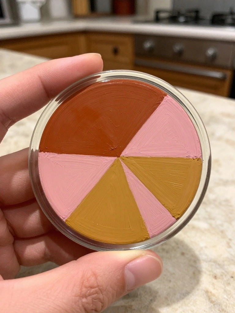 Hand holding clear round container of segmented brown, pink, and yellow cream makeup