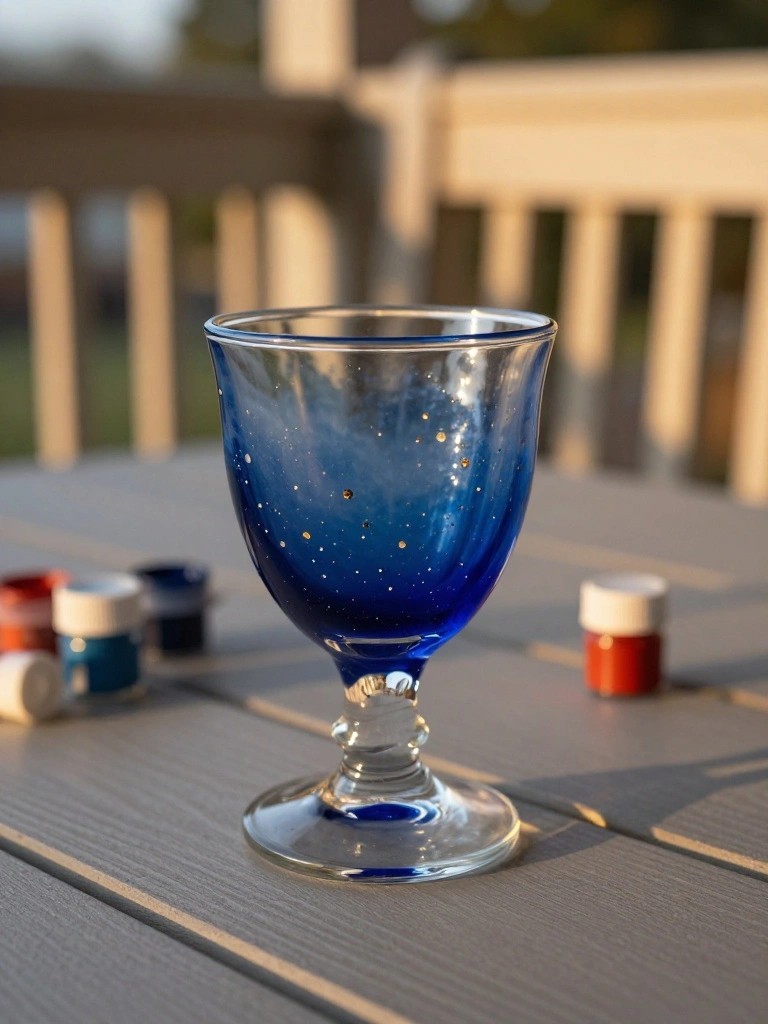 Blue speckled goblet on wooden table with paint jars in sunlight