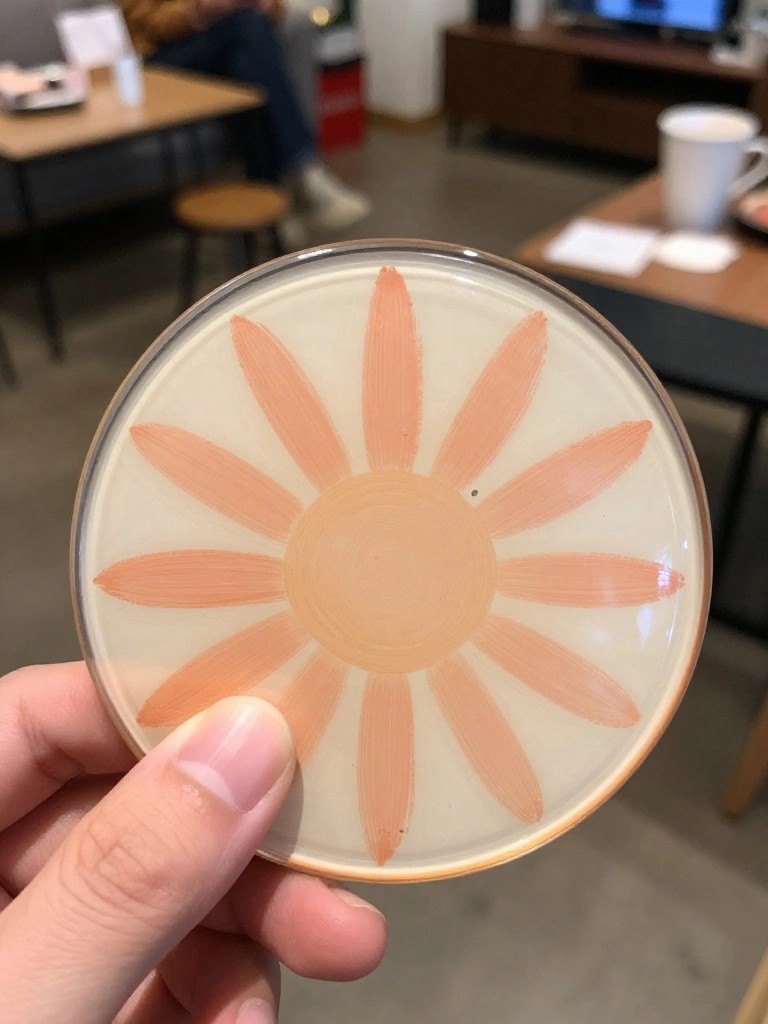 Hand holding ceramic plate with orange daisy design in blurred cafe setting.