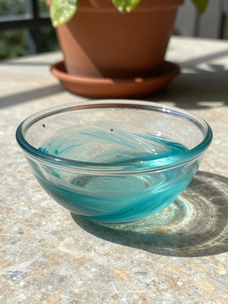 Glass bowl with swirling turquoise liquid on sunlit stone surface near clay pot.