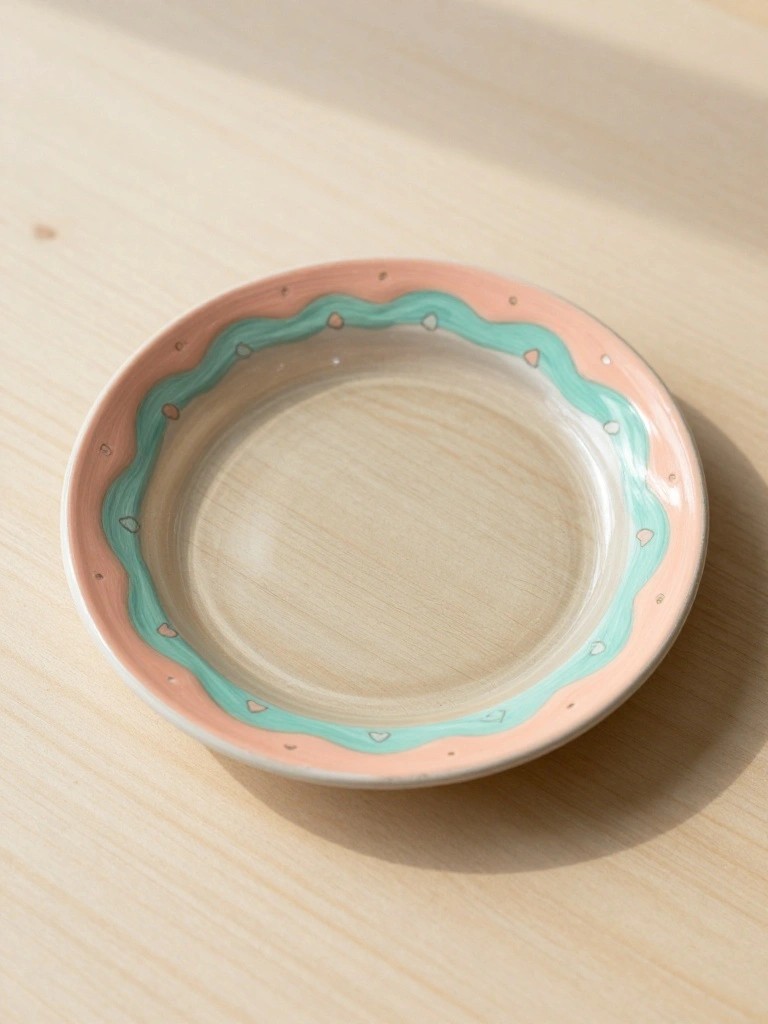 Ceramic dish with pink rim, wavy turquoise band, and beige center on wood