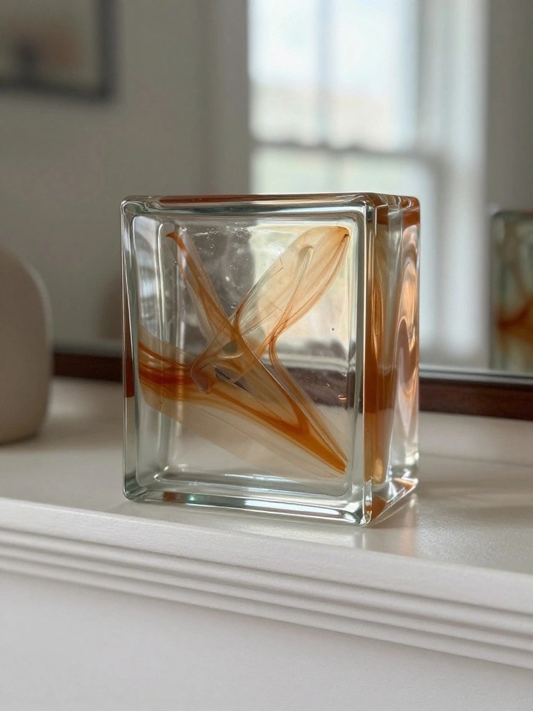 Square glass block with swirling amber patterns on white windowsill ledge