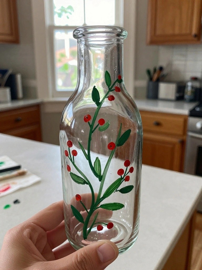 Hand holding clear glass bottle painted with green leaves and red berries in kitchen