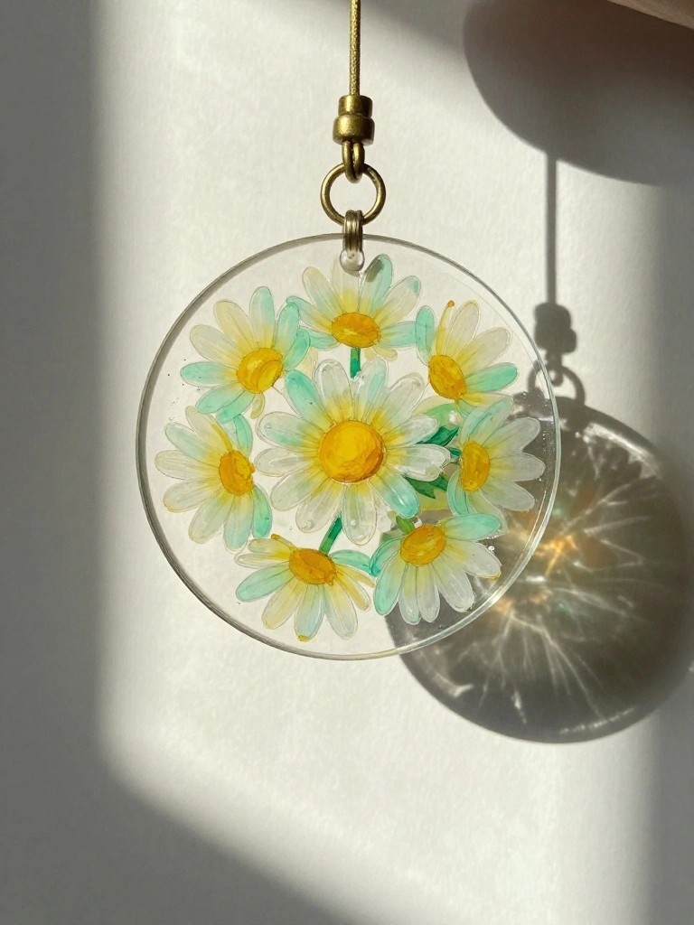 Round transparent ornament with yellow and turquoise daisies hanging in sunlight.