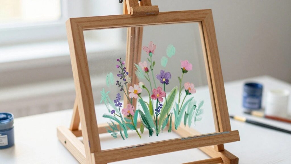 19 Artistic Glass Painting Designs for Framed Panels and Display Pieces Wooden frame with glass painting of pink and purple tulips amid paint jars and brushes.