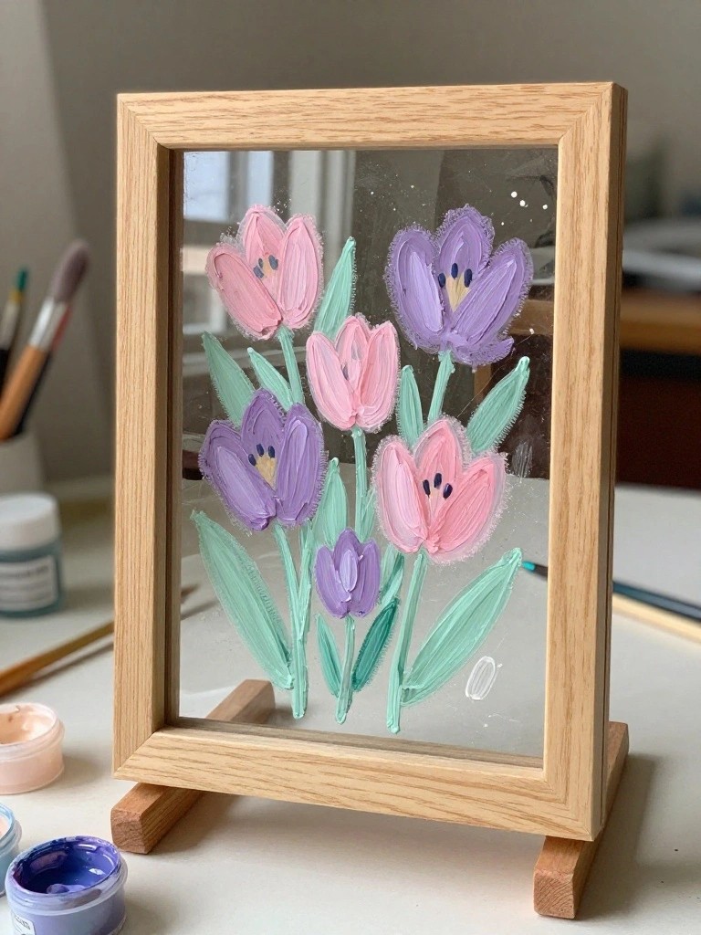 Wooden frame with glass painting of pink and purple tulips amid paint jars and brushes.