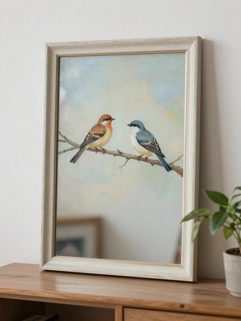A framed painting of two birds on a branch sits on a wooden table next to a potted plant.