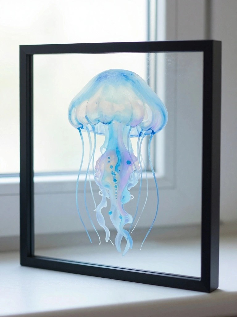 Blue and purple watercolor jellyfish in black frame on windowsill