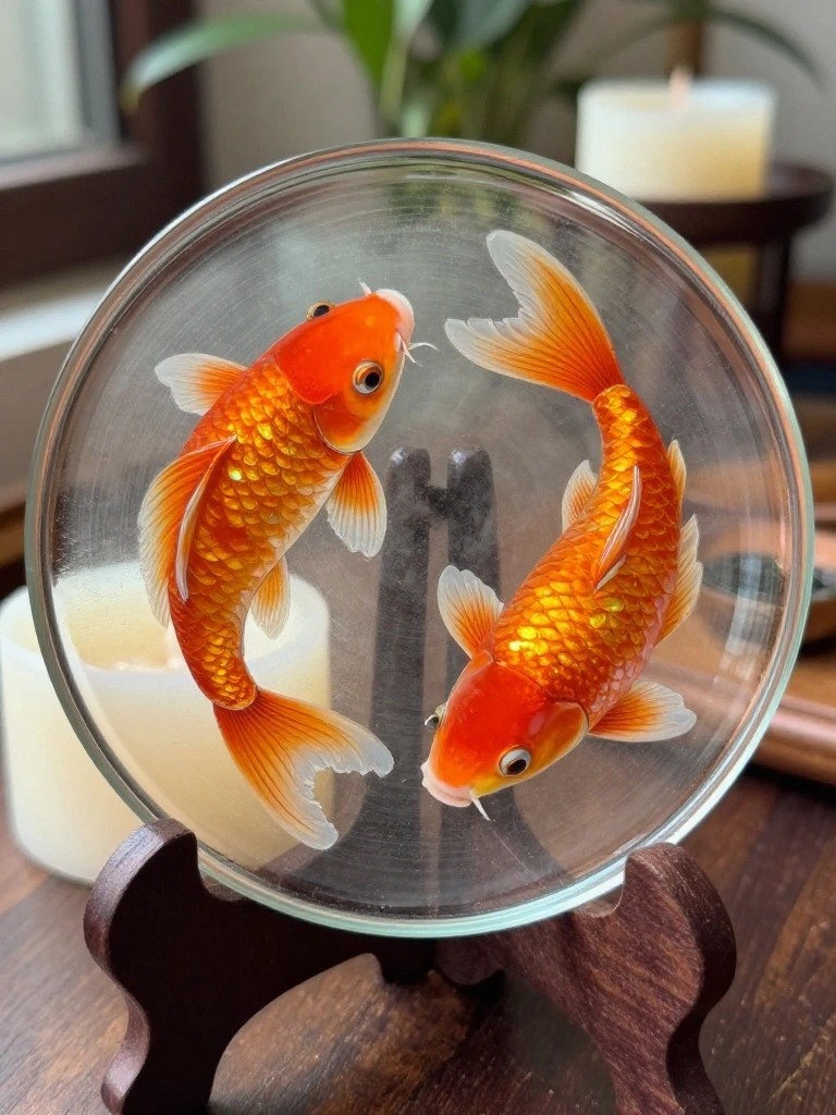 Two orange goldfish facing each other in round glass bowl on wooden stand