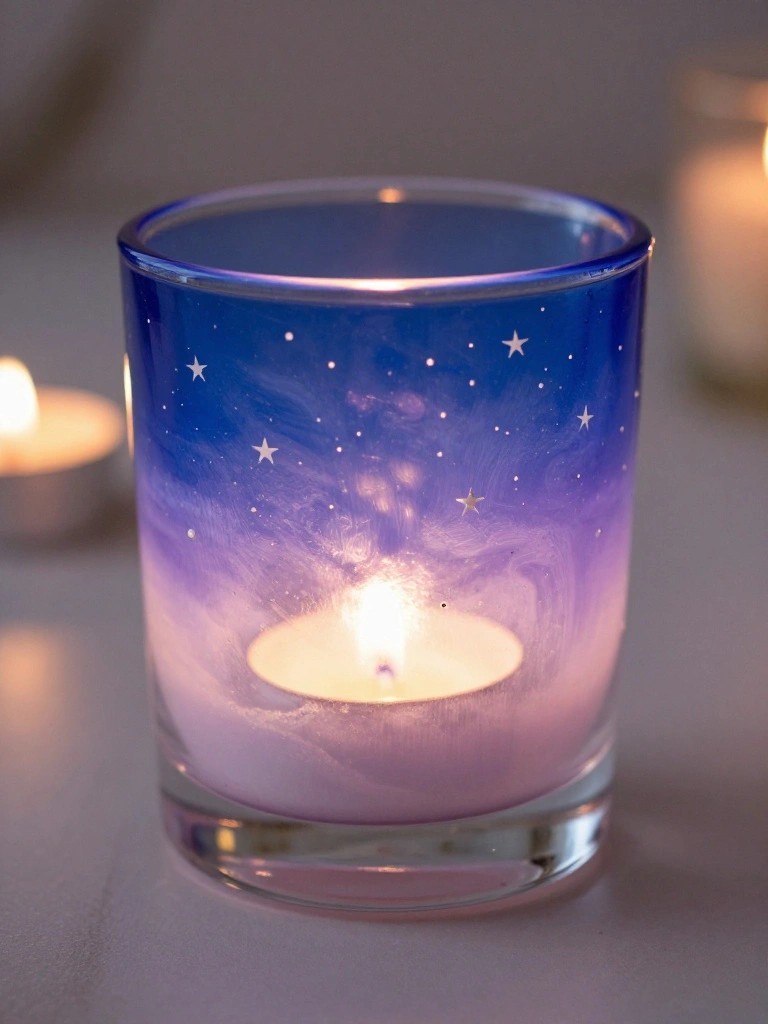 A lit tea light candle inside a small glass holder painted with a blue-purple gradient and white stars.