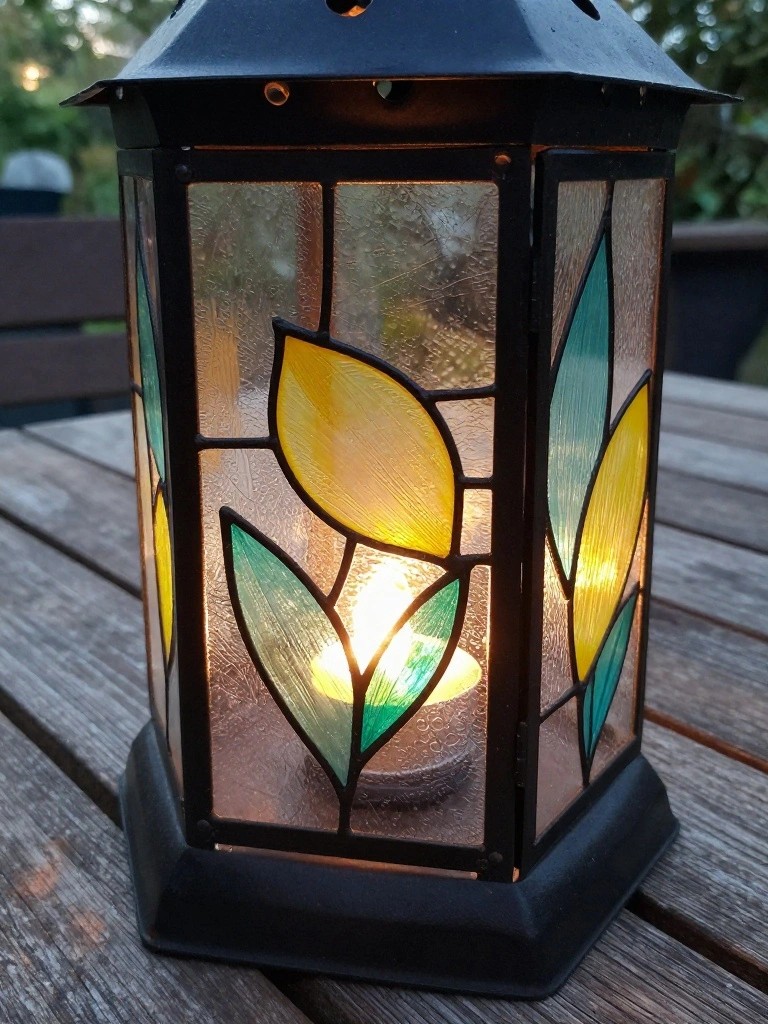 Glowing lantern with yellow and teal leaf stained glass panels on a wooden table.