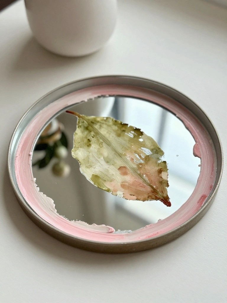 Round mirror with chipped pink frame and translucent green-pink leaf on surface