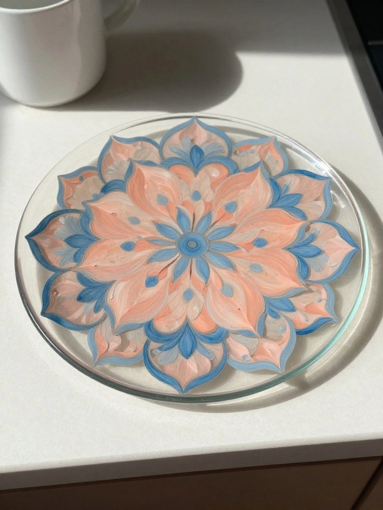 Peach and blue mandala painted on round glass plate atop white surface