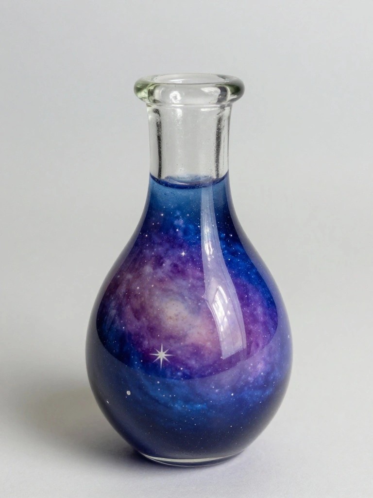 Glass bottle filled with swirling blue-purple galaxy and stars