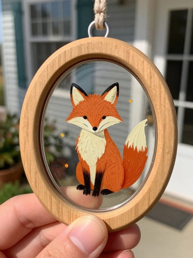 Hand holding wooden oval ornament with painted orange fox on glass.