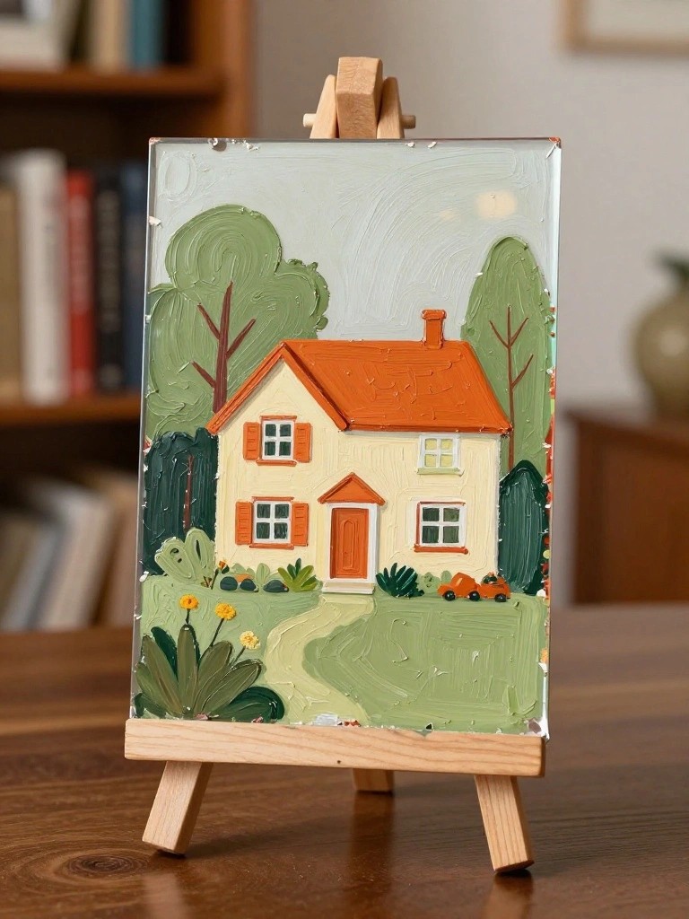 Thickly textured painting of yellow house with orange roof on easel