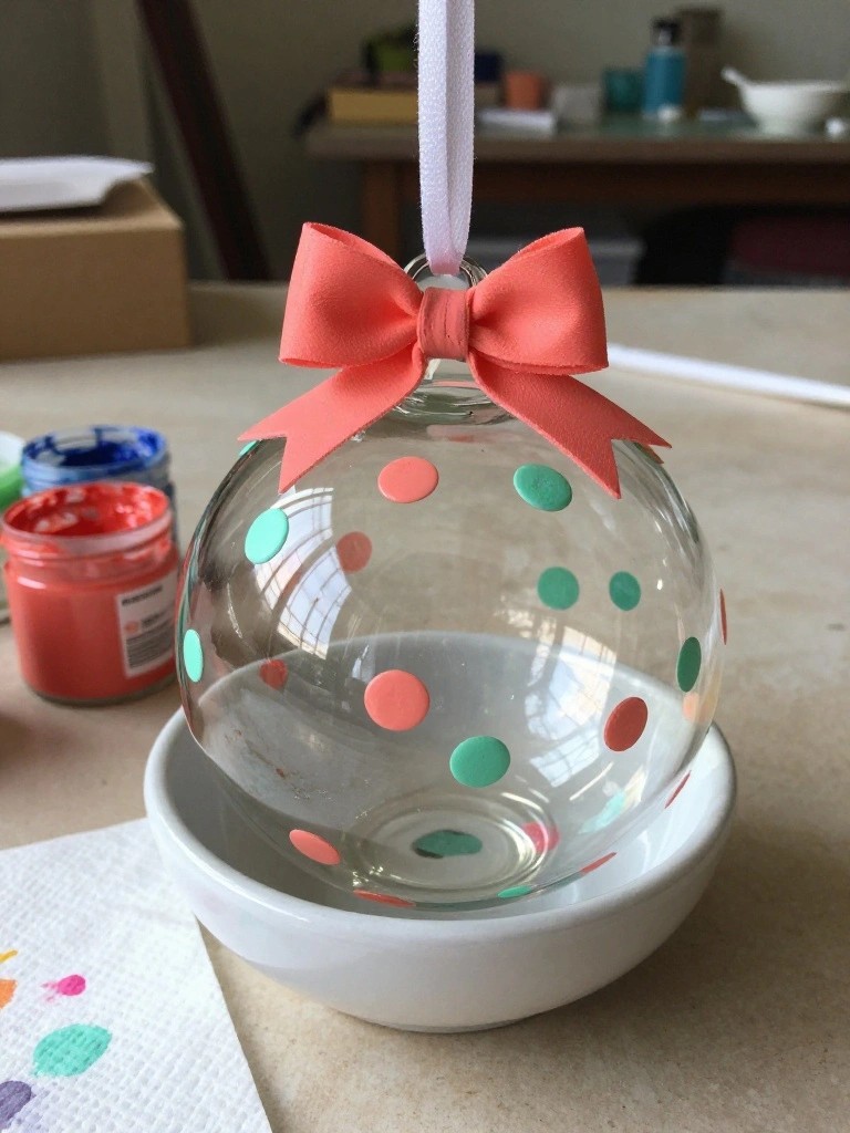 Clear glass ornament with coral teal polka dots and coral bow in white bowl