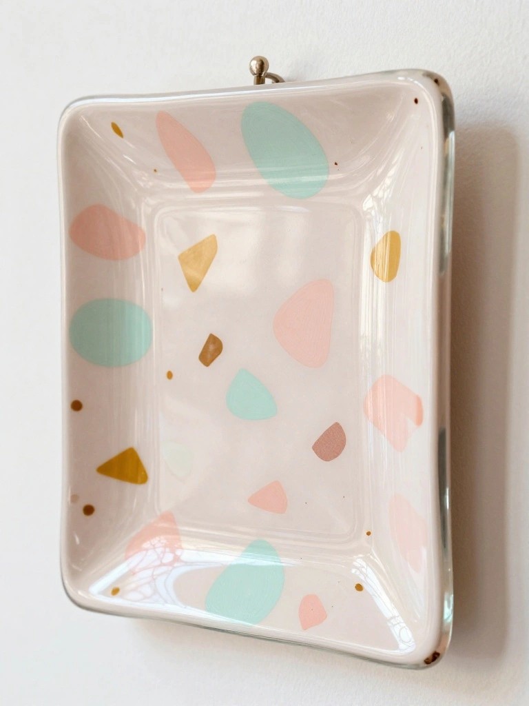 Square glossy ceramic dish with pastel terrazzo pattern hanging on wall