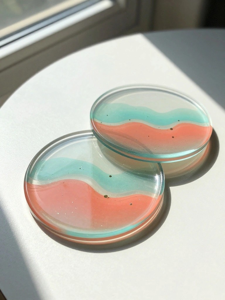 Two circular resin coasters with wavy pink and turquoise layers and glitter