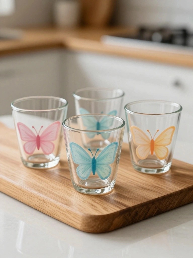Four glass cups with pink, blue, and yellow butterfly designs on wooden tray