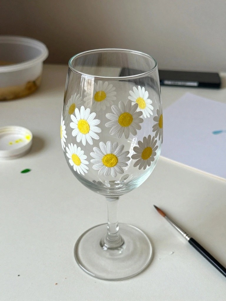 A clear wine glass with white and yellow daisy motifs painted around the bowl, next to a small paintbrush on a white surface.